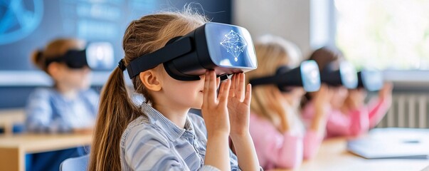 Poster - A teacher uses augmented reality to explain quantum physics in a classroom filled with interactive holographic models. The setup offers plenty of copy space.