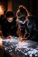 Poster - Quantum-powered learning environment featuring a teacher guiding students through a lesson on quantum cryptography using augmented reality tools. Copy space available.