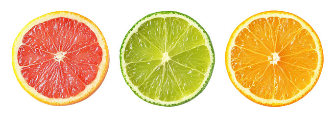 Wall Mural - Set of three round citrus slices (lime, orange, grapefruit), isolated on transparent cutout background