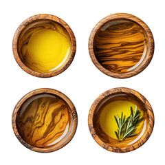 Wall Mural - Set of wooden bowls filled with olive oil, isolated on transparent cutout background