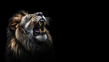 Portrait lion Roaring with Black background, copy space. Generative ai