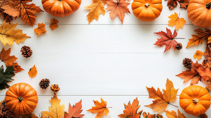 Halloween concept background. National Pumpkin Day. Autumn background with fall leaves and pumpkins. Colorful halloween decoration pumpkins. Halloween Pumpkins. Copy space area for text