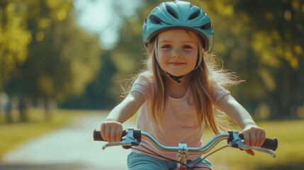 Mała dziewczynka w niebieskim kasku z uśmiechem od ucha do ucha eksploruje okoliczne alejki na swoim rowerze.