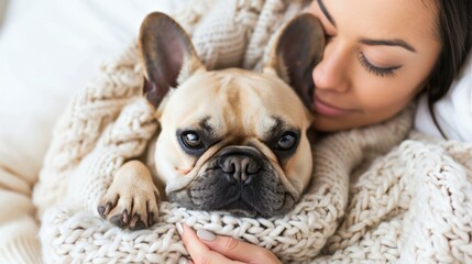 Poster - A woman cuddles her dog in a cozy blanket. AI.