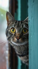 Sticker - A tabby cat peeking around a corner with big eyes. AI.