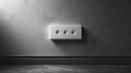 Minimalist wall socket with three outlets on a gray wall.