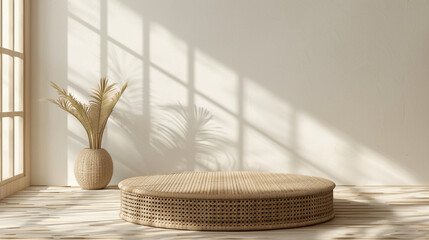 Wall Mural - Empty wicker podium with tropical plant shadows on beige background for product display