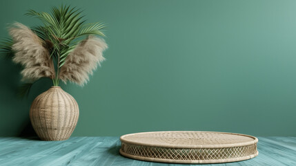 Wall Mural - Empty wicker podium with natural shadows on green wall and wooden floor for product presentation