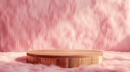 Wall Mural - Wooden platform on soft pink fur with textured background in playful setting