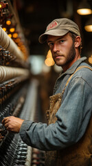 Poster - Dedicated Textile Mill Worker Operating Spinning Machines in Fabric Production Process