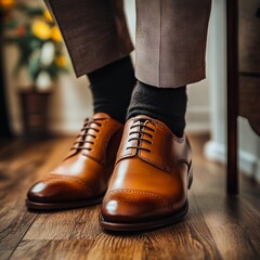 A man wearing a pair of brown shoes on a wooden floor