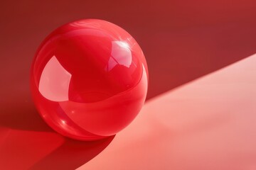 Poster - A vibrant red sphere rests elegantly on a peach-toned surface, capturing light and enhancing its glossy texture in a warm, artistic composition