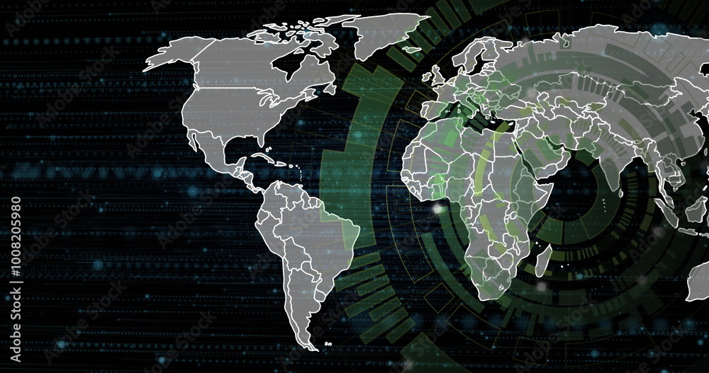 World map with digital data processing image over green circular ...