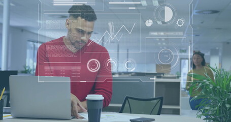 Poster - Analyzing data and global statistics image over man working in office