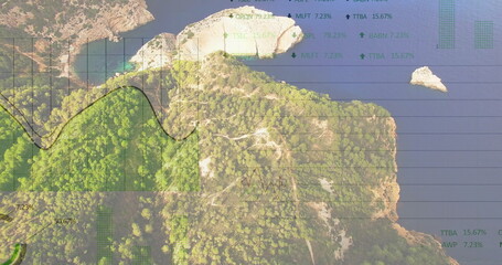 Poster - Image of charts processing data over sunny sea and coastline