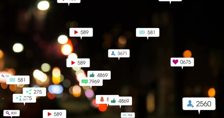 Sticker - Image of icons and data processing over out of focus city