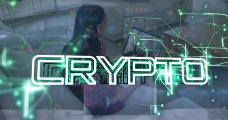 Poster - Image of crypto text over data processing and connections over biracial woman using laptop