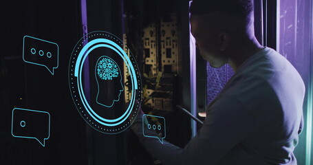 Poster - Image of brain network in circular scanner and chat icons over male server technician