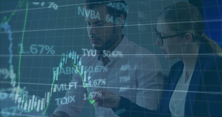 Poster - Image of financial data processing over diverse colleagues discussing work in office