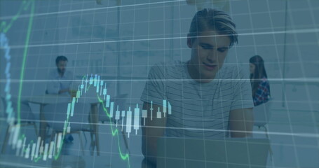 Aufkleber - Image of financial data processing over caucasian businessman using laptop in office