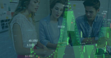 Poster - Image of financial data processing over diverse colleagues discussing work in office