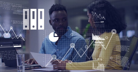 Poster - Image of data processing and diagrams over diverse colleagues discussing work