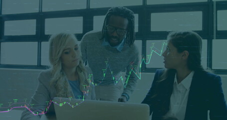 Poster - Image of financial data processing over diverse colleagues discussing work in office