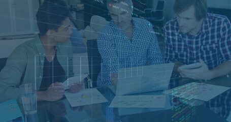 Poster - Image of financial data processing over diverse colleagues discussing work in office