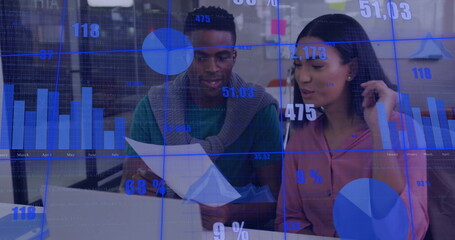 Poster - Image of data processing and diagrams over diverse colleagues discussing work