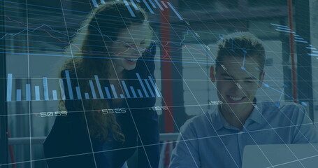 Poster - Image of financial data processing over diverse colleagues discussing work in office