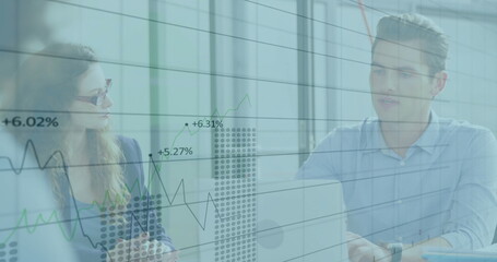 Poster - Image of financial data processing over diverse colleagues discussing work in office