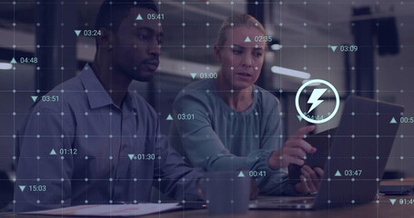 Poster - Image of data processing and media icons over diverse colleagues discussing work