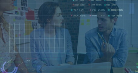 Poster - Image of financial data processing over diverse colleagues discussing work in office