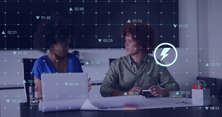 Poster - Image of data processing and media icons over diverse colleagues discussing work