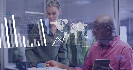 Poster - Image of data processing and diagrams over diverse colleagues discussing work