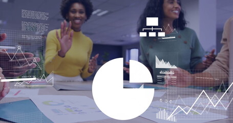 Poster - Image of data processing and diagrams over diverse colleagues discussing work