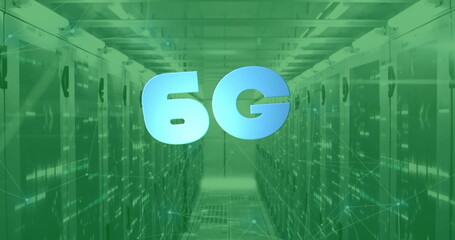 Sticker - Image of 6g text and digital data processing over computer servers