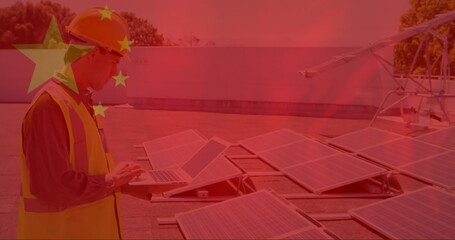 Sticker - Image of flag of china over male engineer using tablet next to solar panels