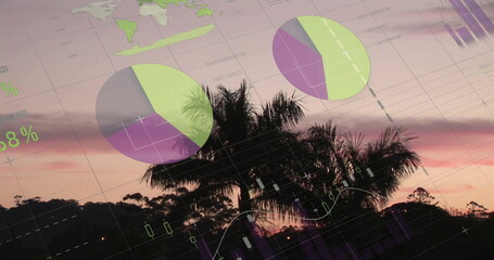 Poster - Financial data charts and graphs image over tropical landscape at sunset