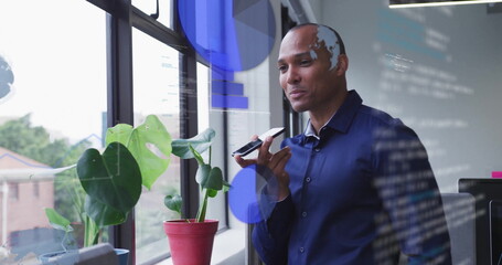 Poster - Image of financial data processing over biracial businessman using smartphone in office
