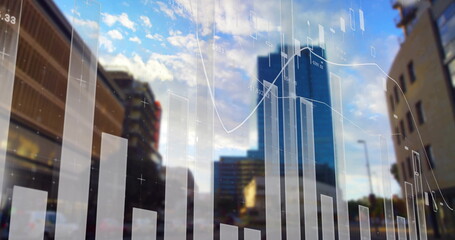 Sticker - Financial bar chart and line graph image over cityscape with skyscrapers