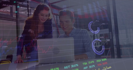Poster - Image of financial data processing over diverse business people using laptop