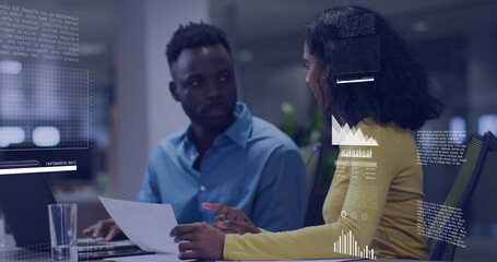 Poster - Image of data processing and diagrams over diverse colleagues discussing work