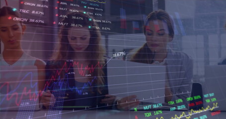 Poster - Image of financial data processing over diverse business people using laptop