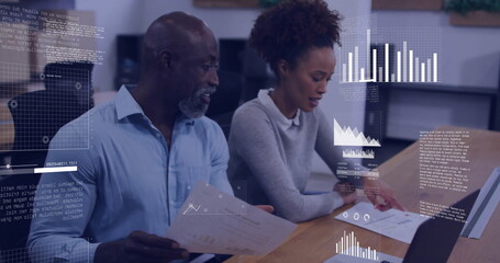 Poster - Image of data processing and diagrams over diverse colleagues discussing work