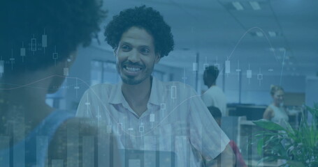 Poster - Image of financial data processing over diverse business people in office