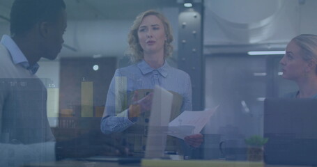 Poster - Image of financial data processing over diverse business people in office