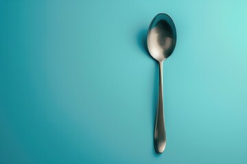 A sleek silver spoon resting against a vibrant turquoise backdrop, highlighting simplicity and elegance in everyday objects