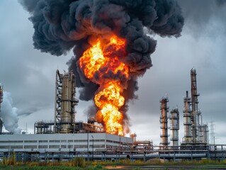 Big flame of fire and black smoke, explosion in an industrial oil refinery factory building - ai