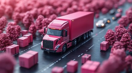 Red Truck Delivering Packages in a Miniature World